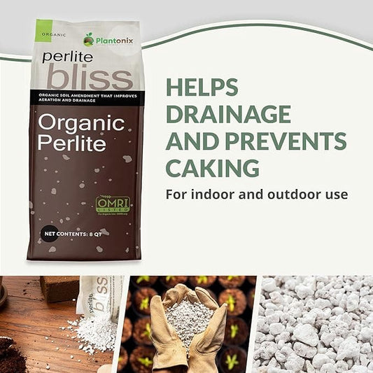Plantonix Perlite Bliss premium horticultural grade growing product in 8-quart bag, lightweight and porous for plant soil aeration.