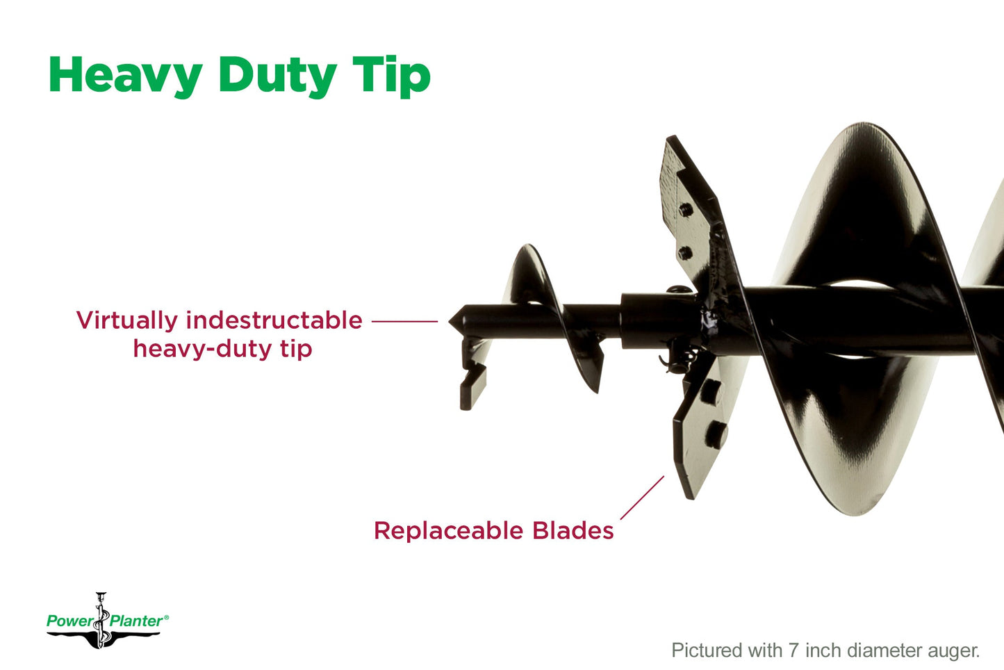 Extra large Power Planter heavy-duty earth auger with 9" diameter and 28" length, featuring a durable heavy-duty tip for tough soil.