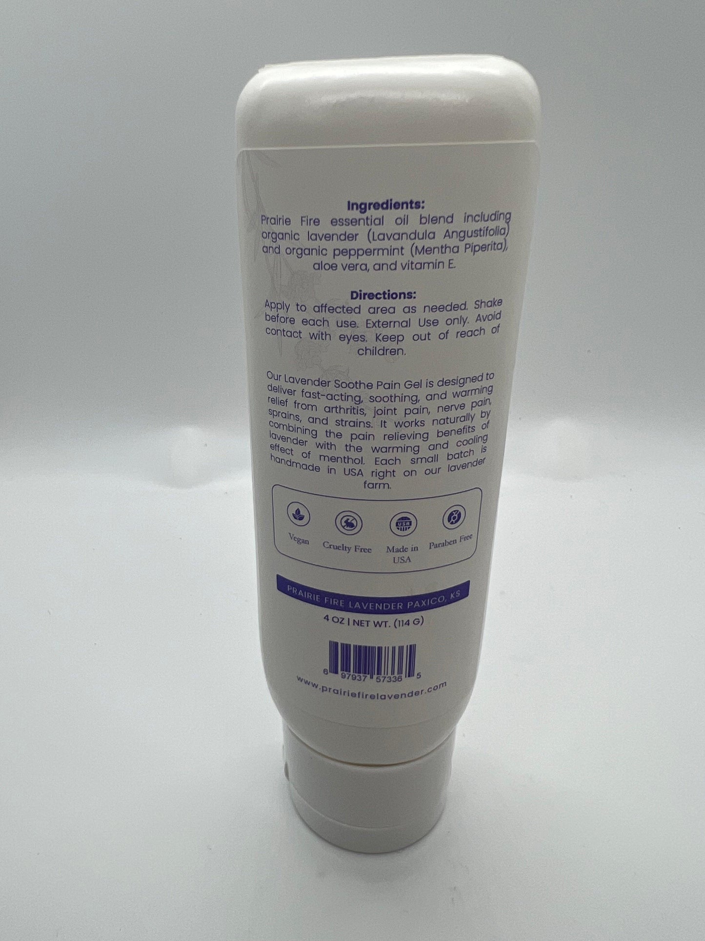 Lavender & Menthol Soothe Pain Gel from Prairie Fire Tallow, Candles & Lavender, 4 oz. jar with lavender and menthol elements.