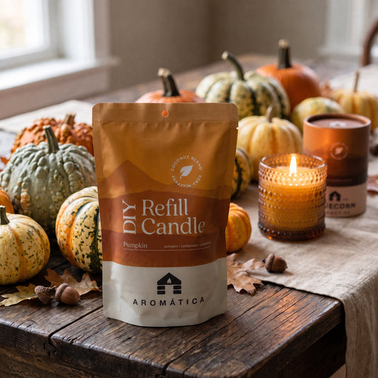 Bluecorn Candles Aromática scented candle refill kit on Thanksgiving table with filled pumpkin-scented candle in background.