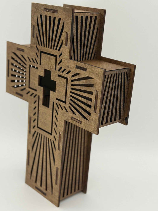 Side view of C2 Creations LLC radiant cross wall art, an illuminated laser-engraved wooden spiritual decor piece.