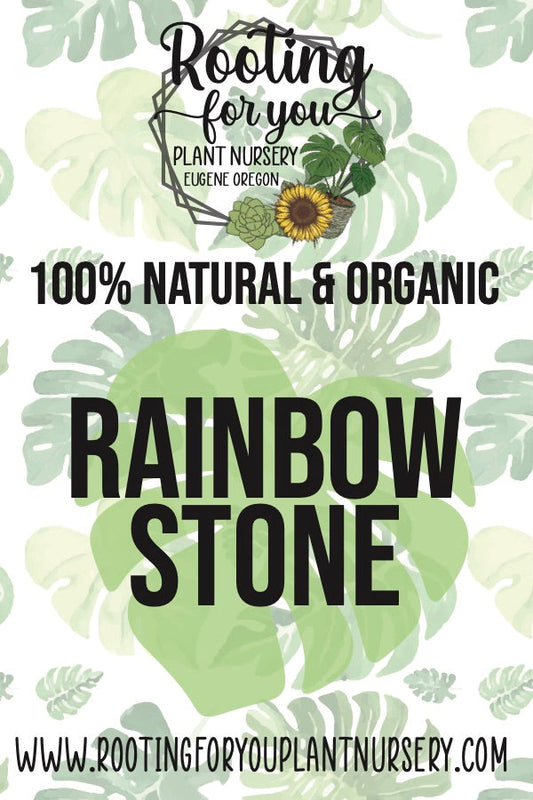 Colorful rainbow stone rock soil amendment from Rooting For You Plant Nursery, showing vibrant multi-colored stones for garden use.