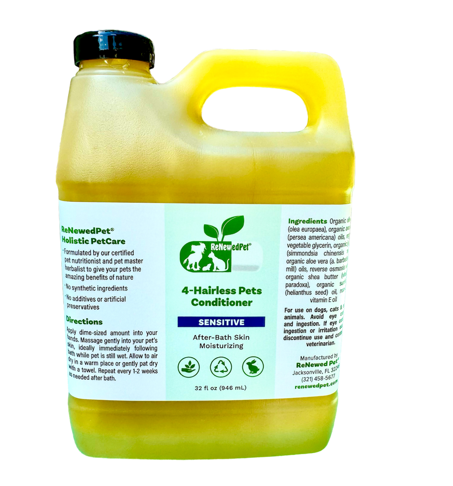 ReNewedPet 4-Hairless Pets Sensitive Conditioner bottle, gentle formula for sensitive skin of hairless pets, 2 oz or 6.98 oz size