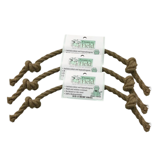 Natural hemp dog tug-toy from ReNewedPet's Fun Stuff collection, made of durable, eco-friendly hemp for playful tug-of-war games.