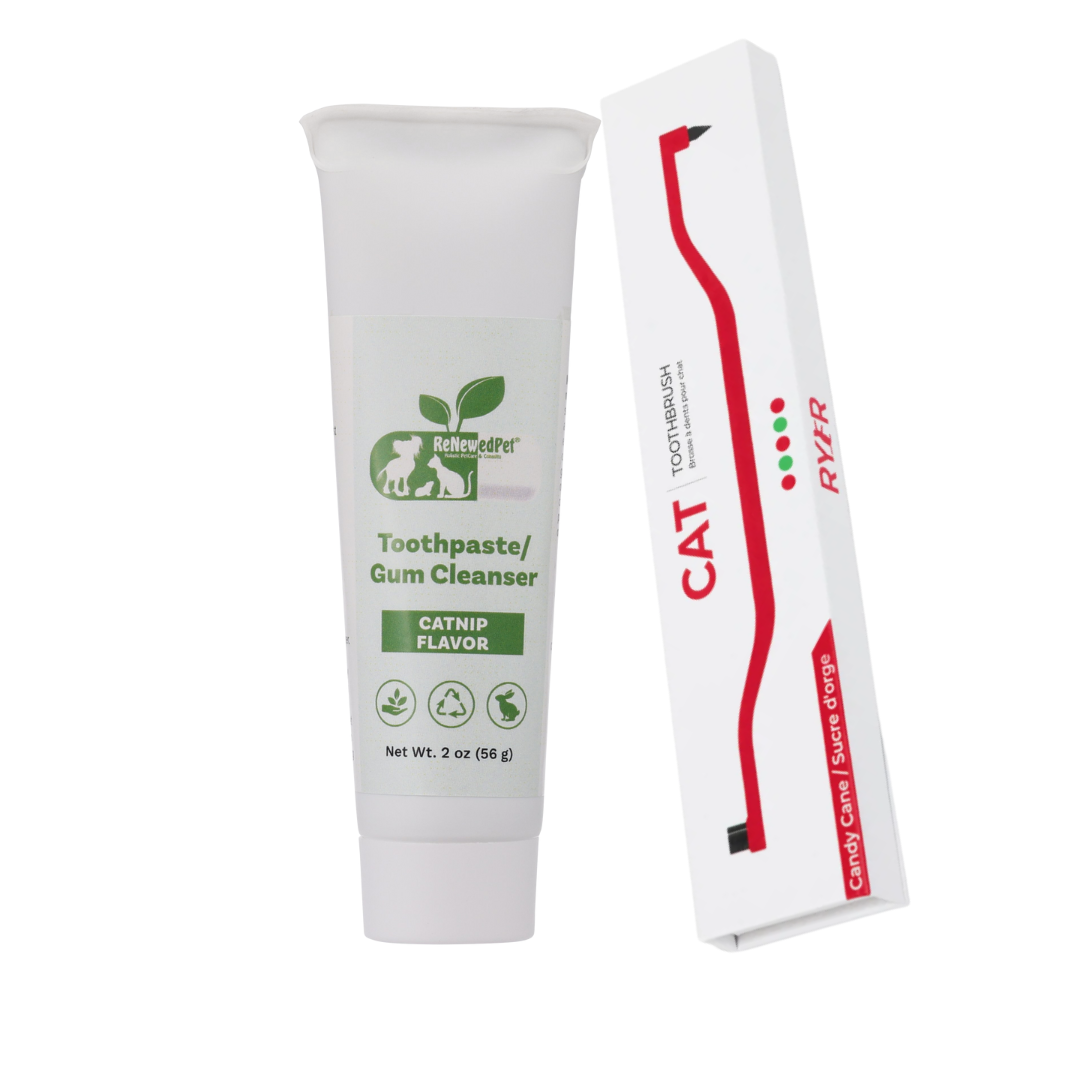 ReNewedPet 4-ALL Pets Toothpaste and Gum Cleanser for dogs, cheese flavor, pet grooming product with toothbrush in image.
