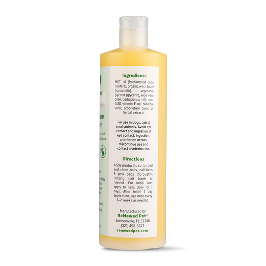 ReNewedPet 4-All Pets Nail and Paw Cleaner for grooming, featuring a compact bottle with a clear label showing pet grooming product.