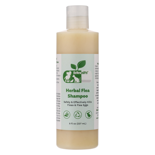 ReNewedPet Herbal Flea Shampoo for pets, 8 oz, natural pet health grooming product with herbal ingredients and soothing formula.