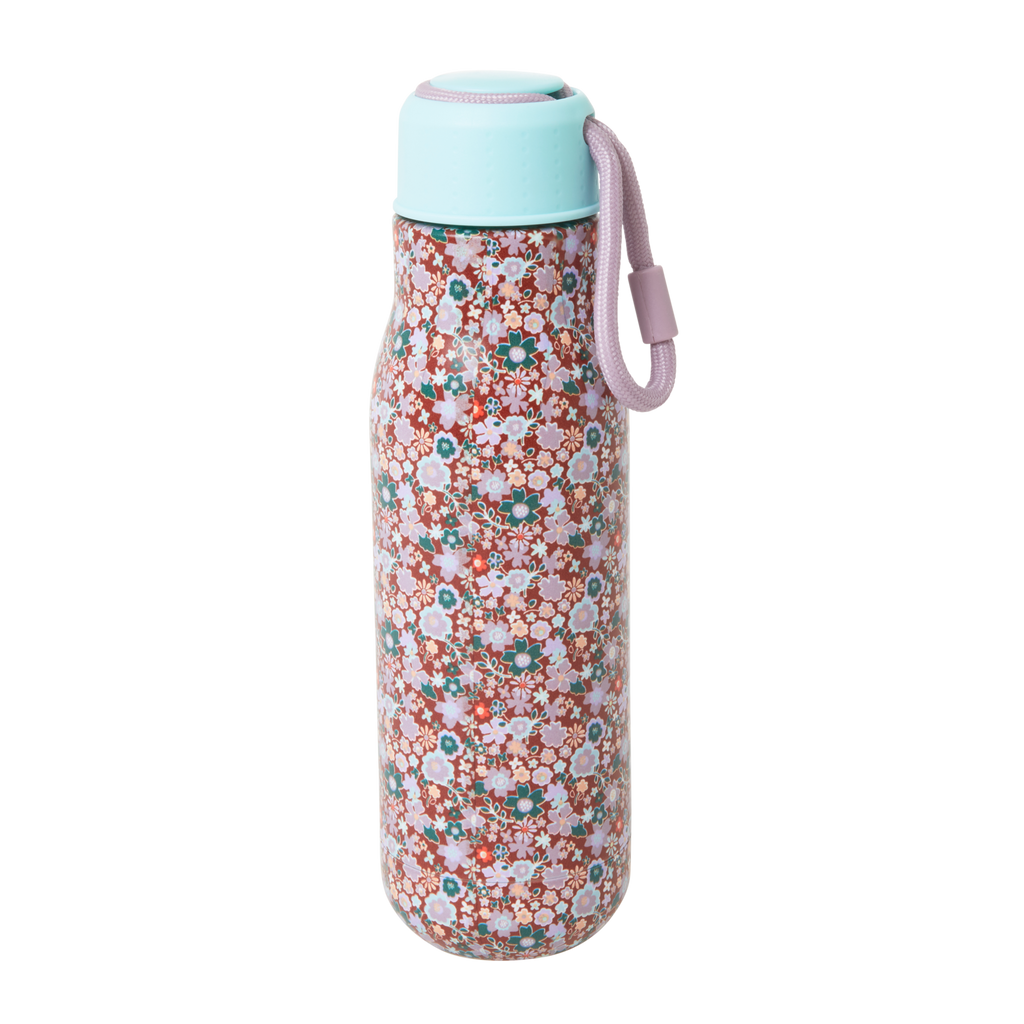 Stainless steel thermo bottle with floral print from Rice By Rice, designed as a stylish cup for hot or cold beverages.