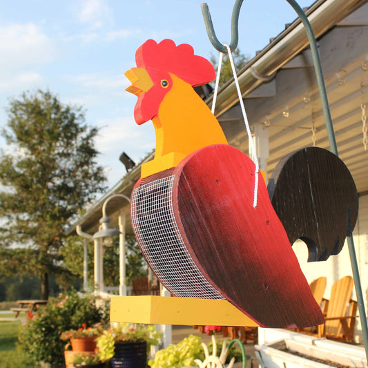 Amish-made wooden rooster-shaped bird feeder for garden decor, handcrafted with detailed bird design and natural wood finish.