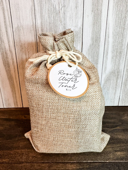 Herbalroseapothecary DIY Rose Toner Kit with natural ingredients and glass bottles for homemade skincare.