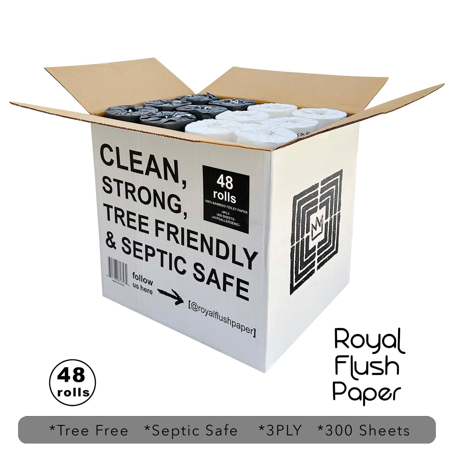 Royal Flush Paper premium bamboo toilet paper, 48-roll box, soft and eco-friendly bamboo toilet paper for household use.