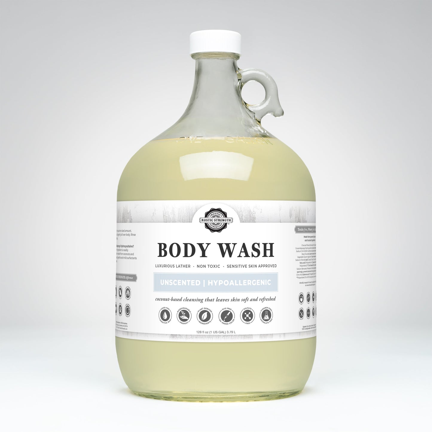 Rustic Strength unscented moisturizing body wash in a 16 oz bottle, designed for gentle, hydrating bath and body care.