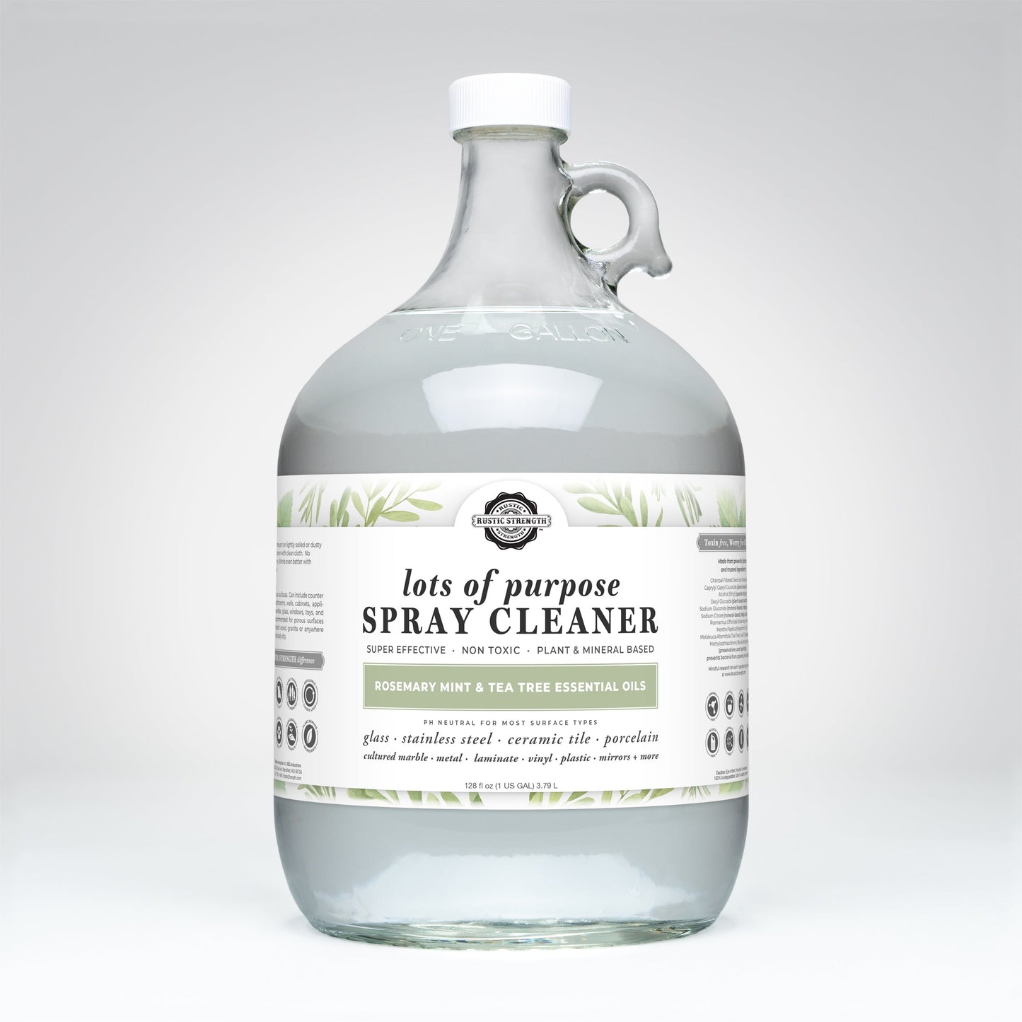 Rustic Strength multi-purpose spray cleaner in 16 oz bottle with rosemary, mint, and tea tree scent, ideal for cleaning various surfaces.