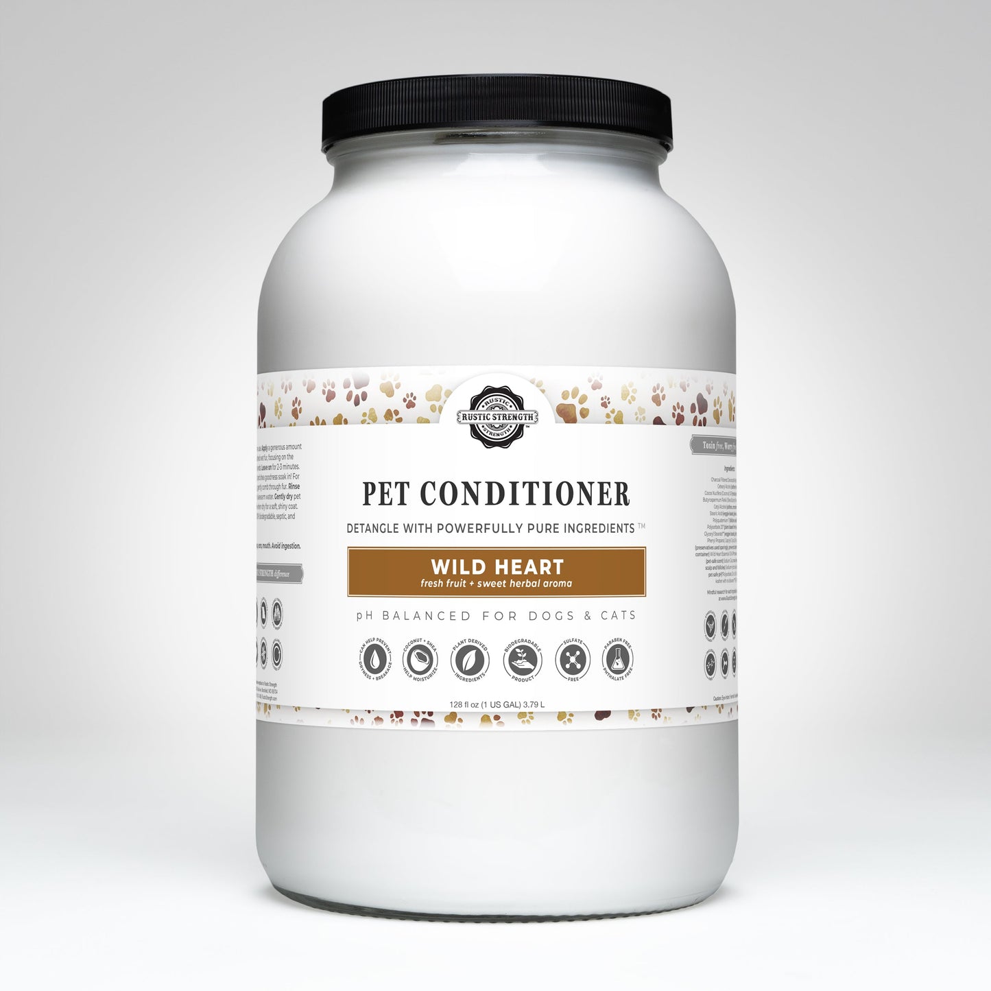 Rustic Strength Wild Heart Pet Conditioner in 16 oz bottle, detangles and softens pets' fur with natural pet care ingredients.