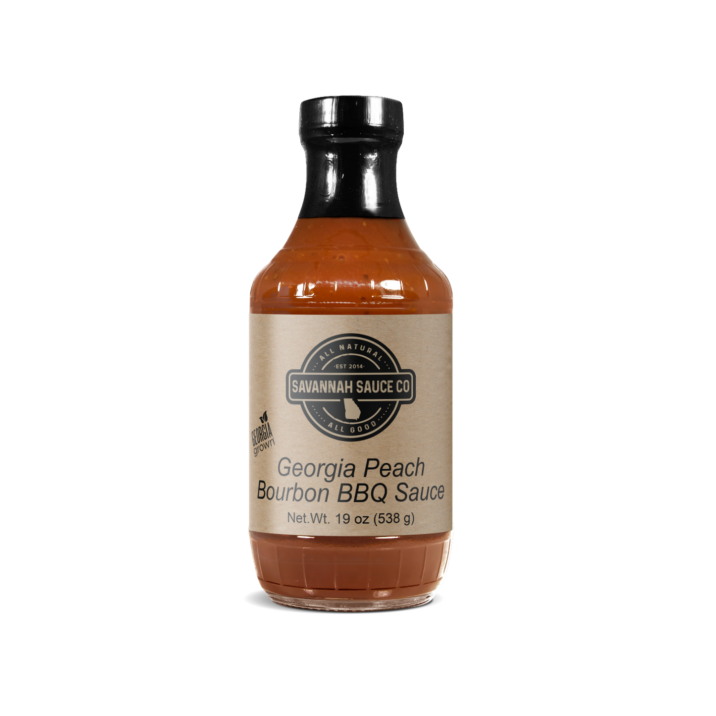 SavannahSauceCompany Georgia Peach Bourbon BBQ Sauce bottle with peach and bourbon flavor ingredients visible