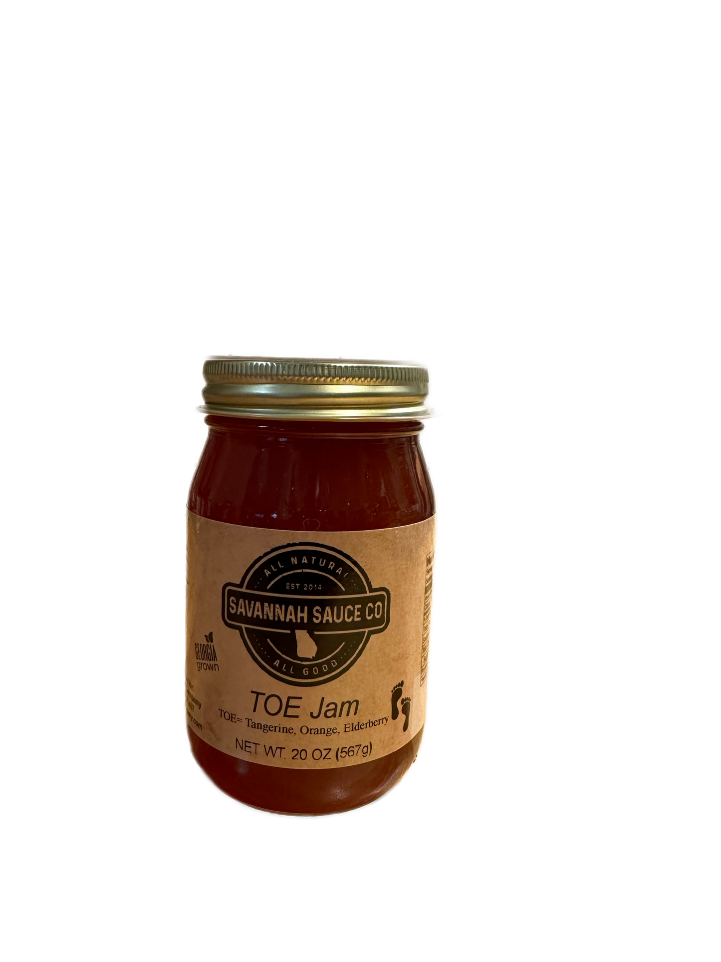 Gourmet New Toe Jam by SavannahSauceCompany featuring tangerine, orange, and elderberry flavors in a jar.