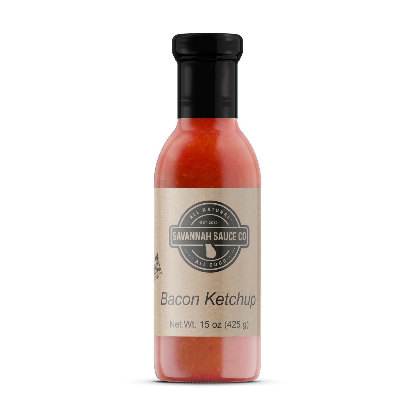 SavannahSauceCompany Bacon Ketchup in 16 oz bottle, gourmet sauce with smoky bacon flavor and rich tomato base.
