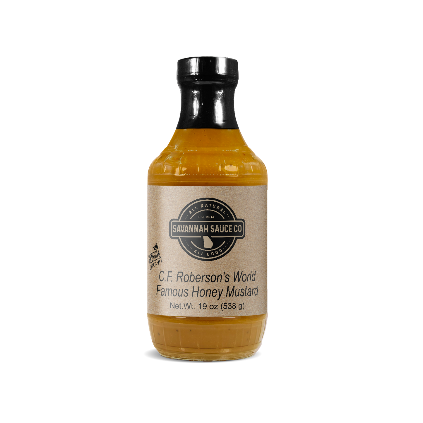 SavannahSauceCompany gourmet honey mustard sauce in a jar with a label, showcasing C.F. Roberson’s World Famous Honey Mustard.