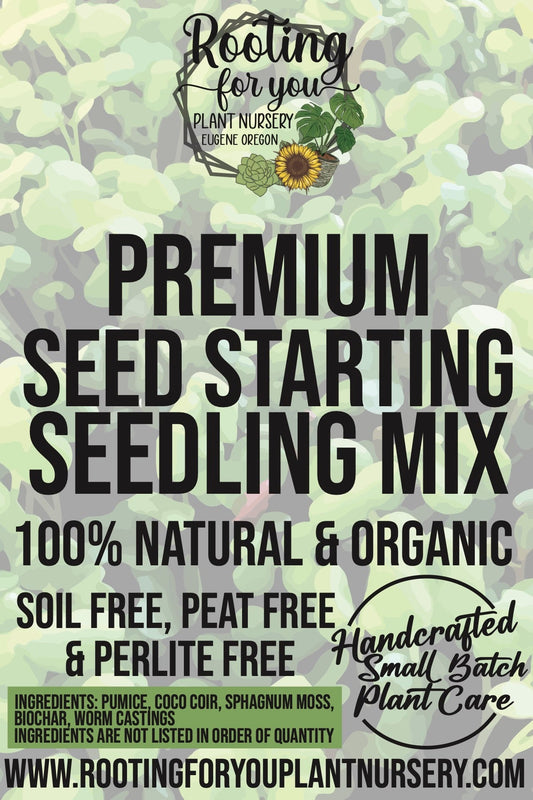 Container of premium seedling mix from Rooting For You Plant Nursery, showing rich soil suitable for starting seedlings.