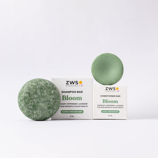 Shampoo and conditioner bar duo with a floral bloom scent and castor oil, eco-friendly ZeroWasteStore.com set in a bundle.
