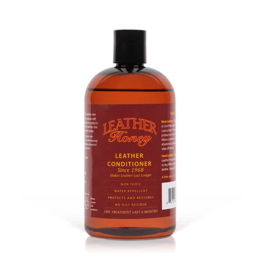 Leather Honey Leather Conditioner bottle, 16oz size, with label visible, designed to restore and maintain leather furniture and accessories.