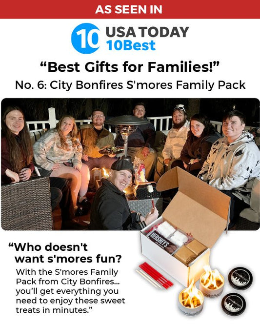 City Bonfires S'mores Family Pack for outdoor gatherings, includes marshmallows, chocolate, and graham crackers for making s'mores.