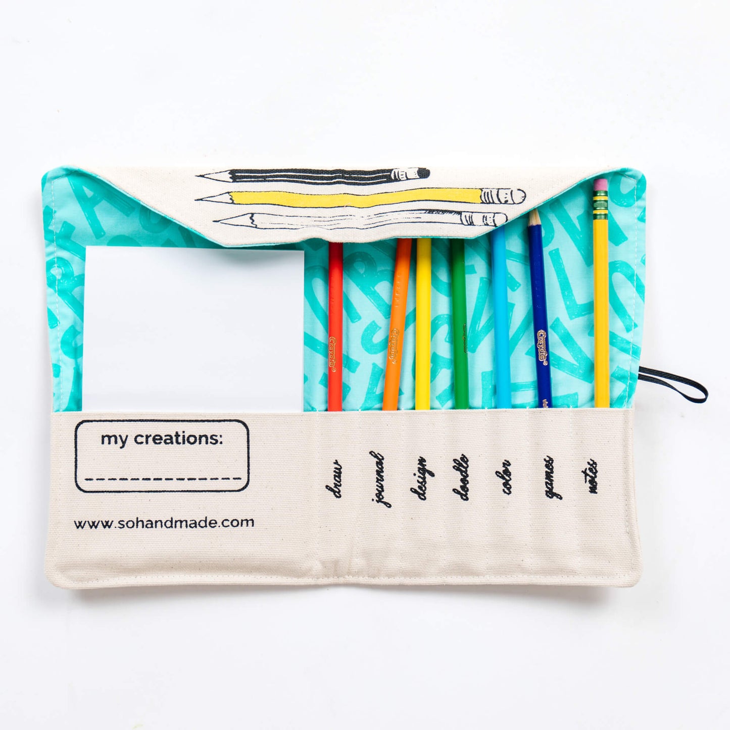 Red travel pencil case with colorful design from So Handmade Shop, perfect for coloring supplies and gift for kids.