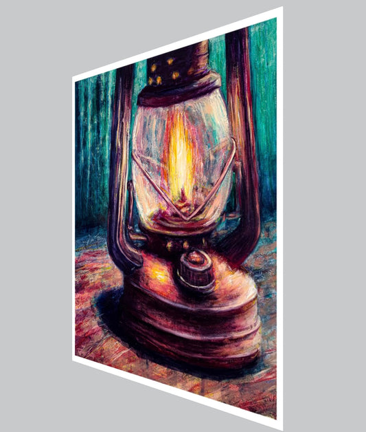 Fine art print of a camp lantern's glow by Tiffany Bates Art, 12x10 inches, featuring warm light and outdoor camping scene.