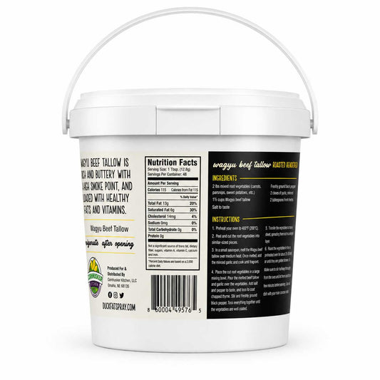 Rendered Wagyu beef tallow in a 1.5 lb container from Cornhusker Kitchen, featuring rich, golden beef fat with a smooth surface.