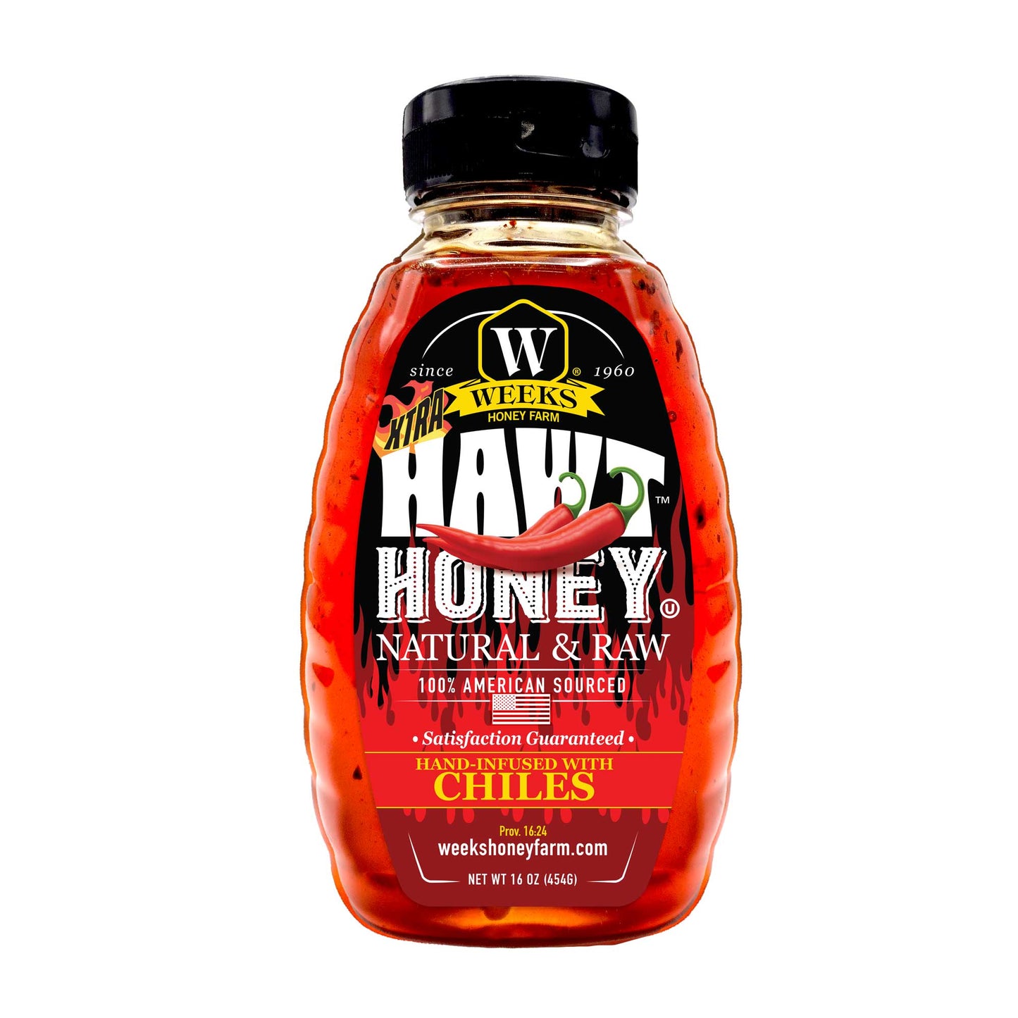 Jar of Week's Hawt Honey from Weeks Honey Farm, raw natural chile-infused honey with vibrant chili peppers visible inside the jar.