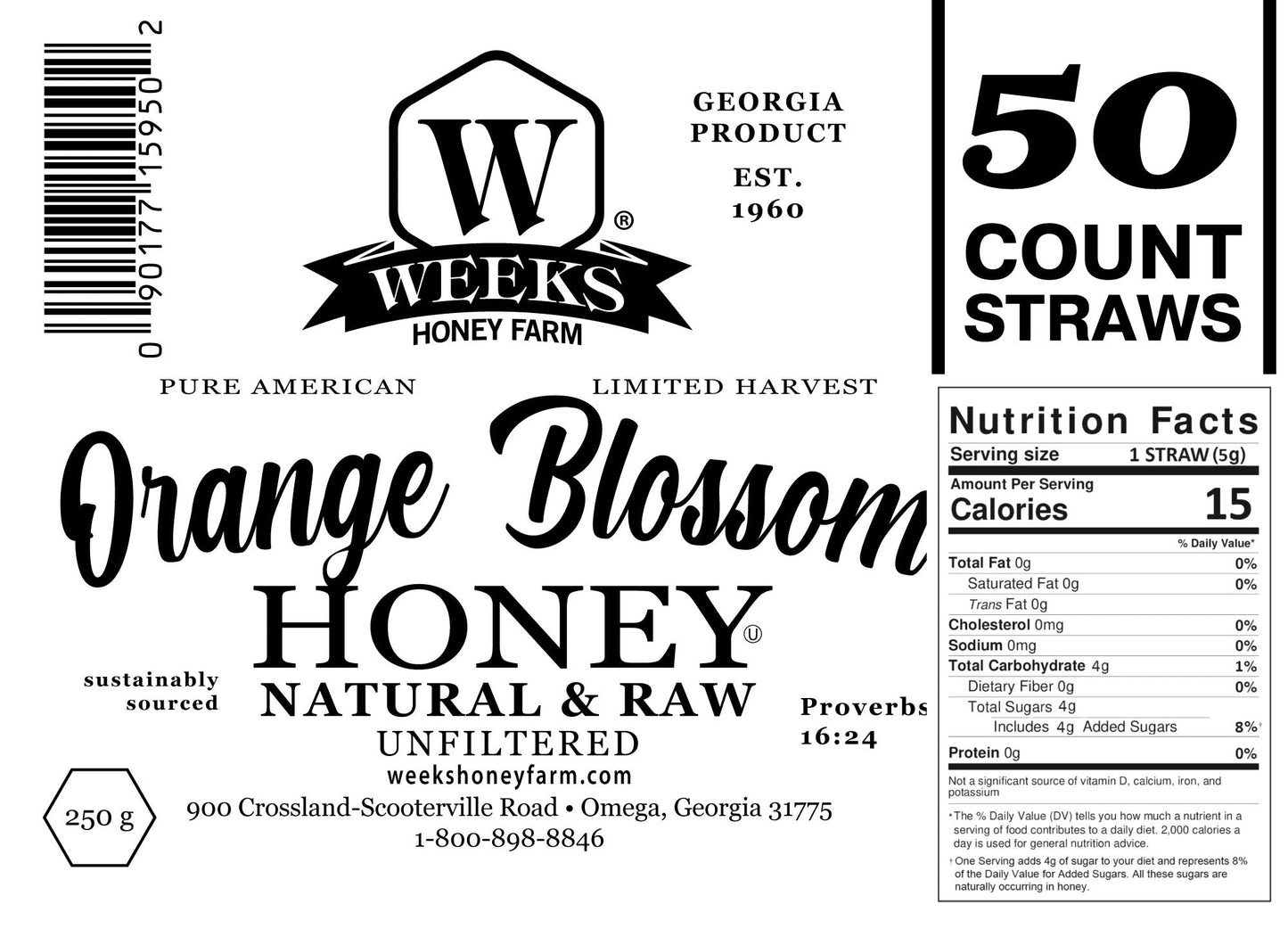 Raw honey straw by Weeks Honey Farm, orange blossom, wildflower, and raspberry flavors, shown in a 12-pack with individual honey straws.