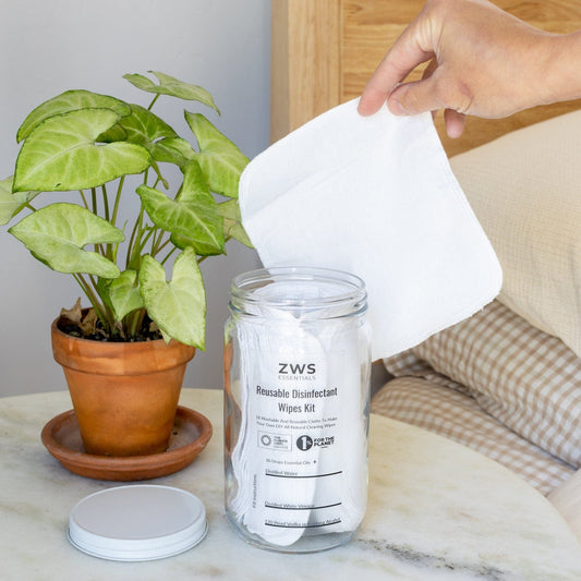 Reusable disinfectant wipes DIY kit from ZeroWasteStore.com, household cleaning supplies with eco-friendly cleaning cloths and disinfectant solution.