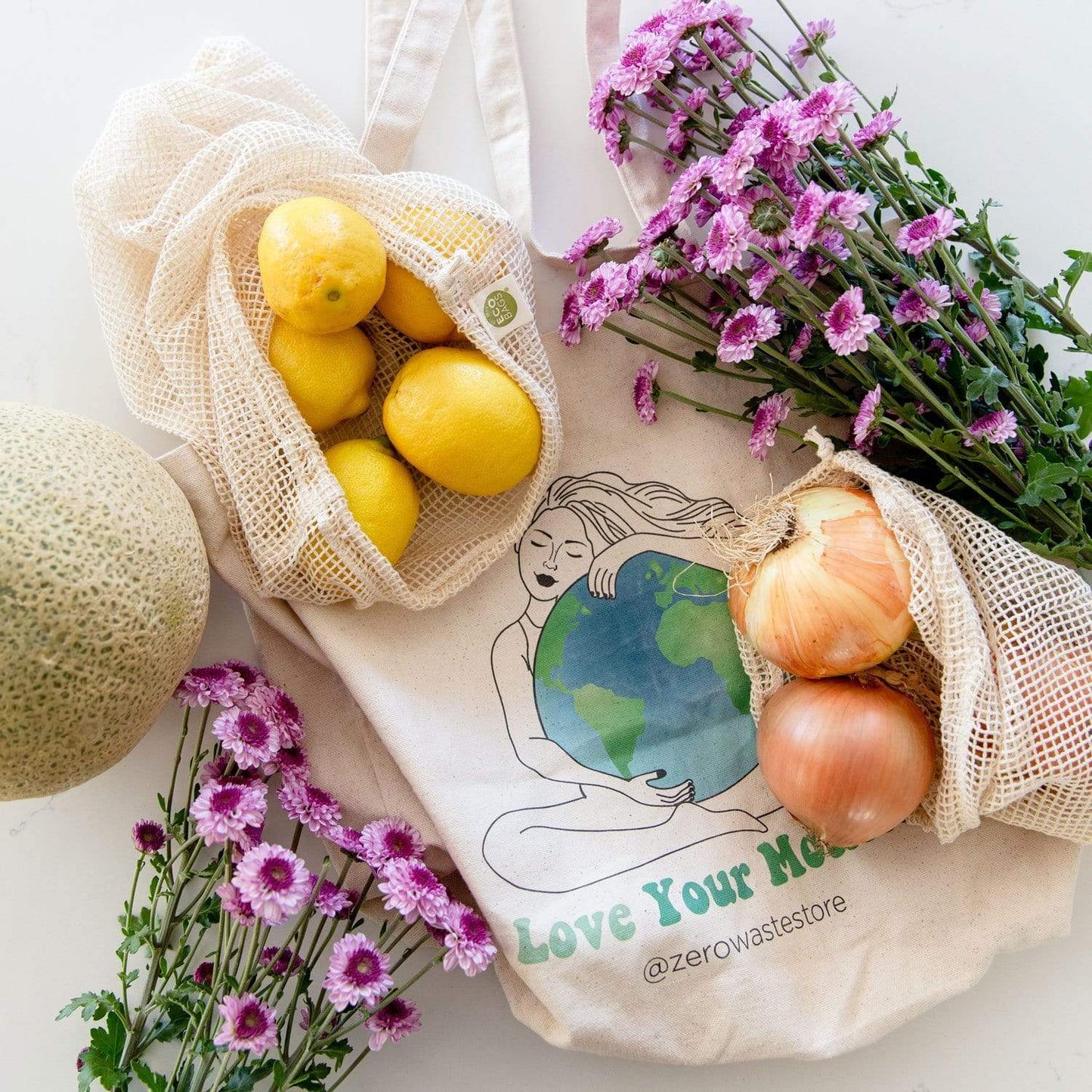 Zero Waste Tote Bag Kit from ZeroWasteStore.com showing reusable shopping tote bags made from eco-friendly materials.