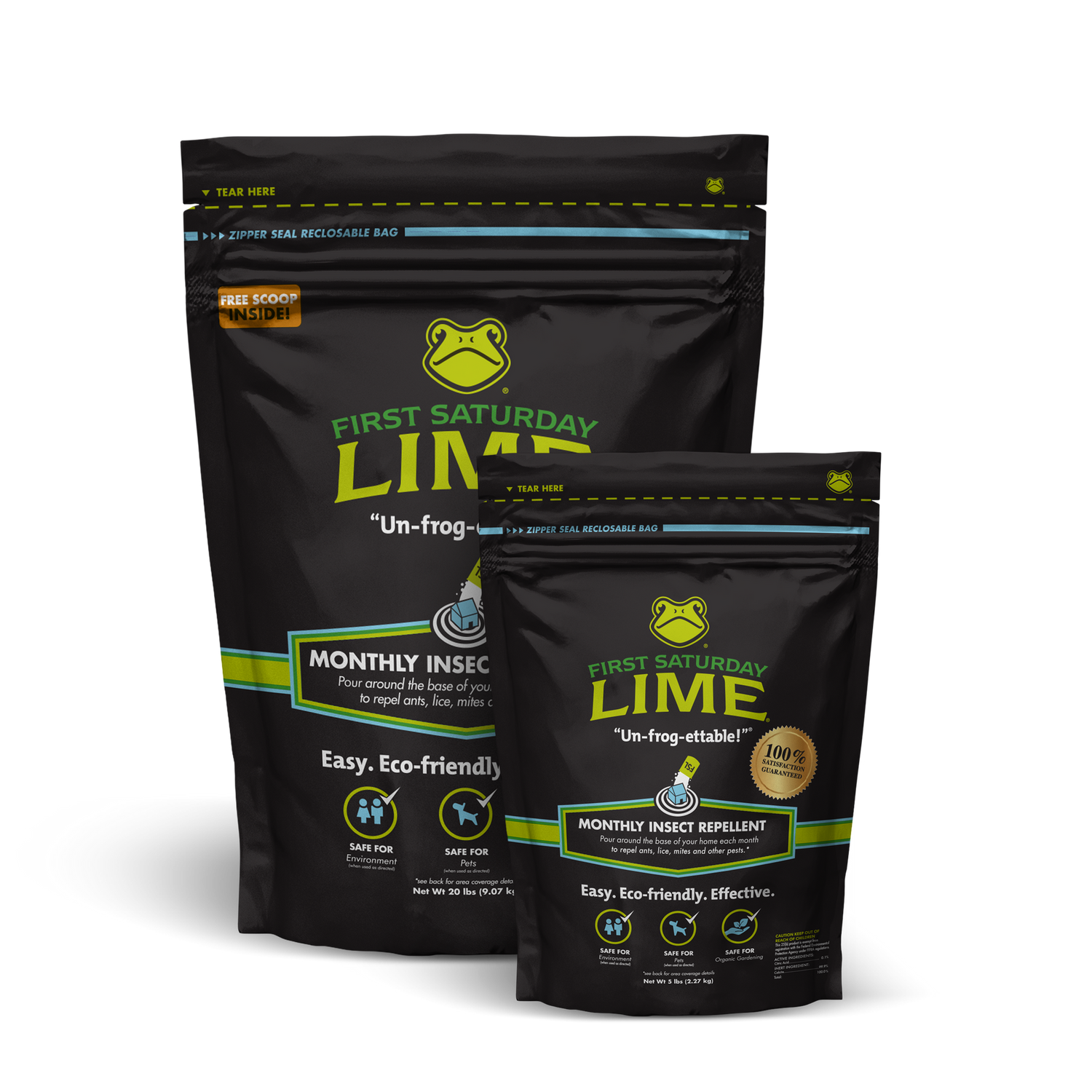 Two black resealable bags of First Saturday Lime insect repellent, featuring a green frog logo and green accents. The bags are labeled as eco-friendly, safe, and effective.