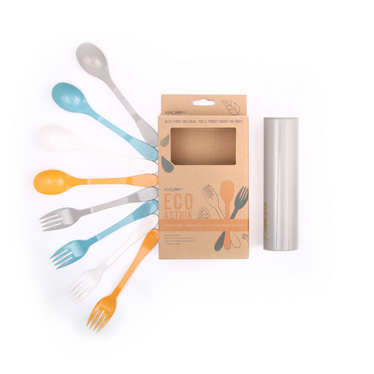 Knork Eco 8-piece flatware set with carry case, featuring stainless steel forks, knives, spoons, and sleek storage case