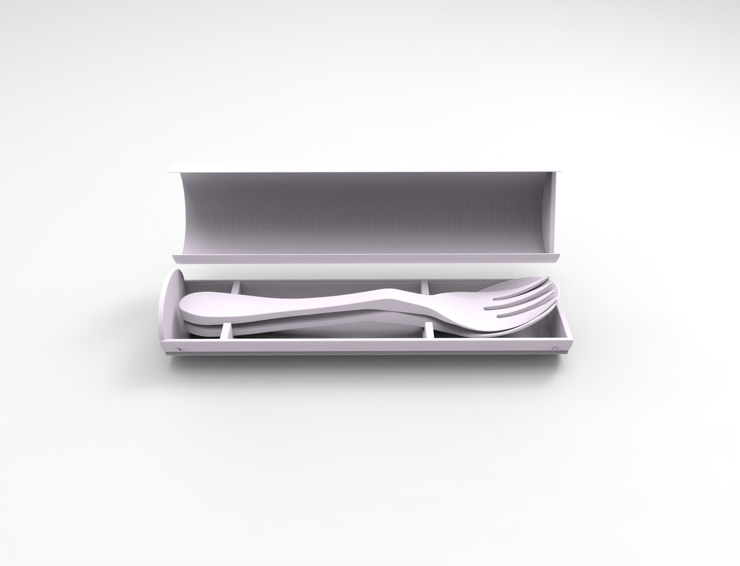 Knork Eco 8-piece flatware set with forks, knives, spoons, and a carry case, made of sustainable materials.