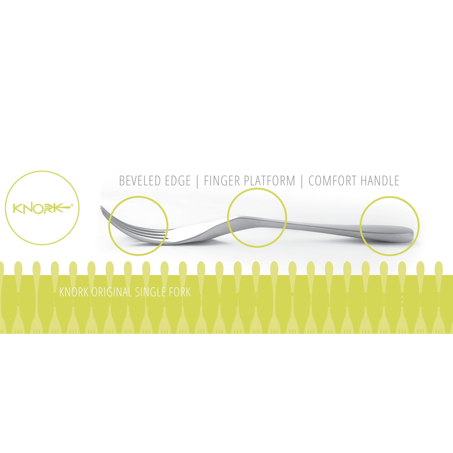 Set of four Knork Original dinner forks featuring modern ergonomic design and durable stainless steel construction.