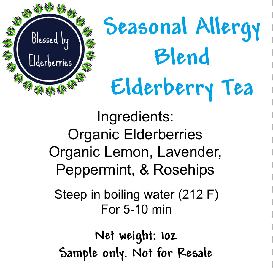 Loose leaf Elderberry Tea from Blessed by Elderberries, seasonal allergy blend with dried elderberries and herbs in a clear jar.