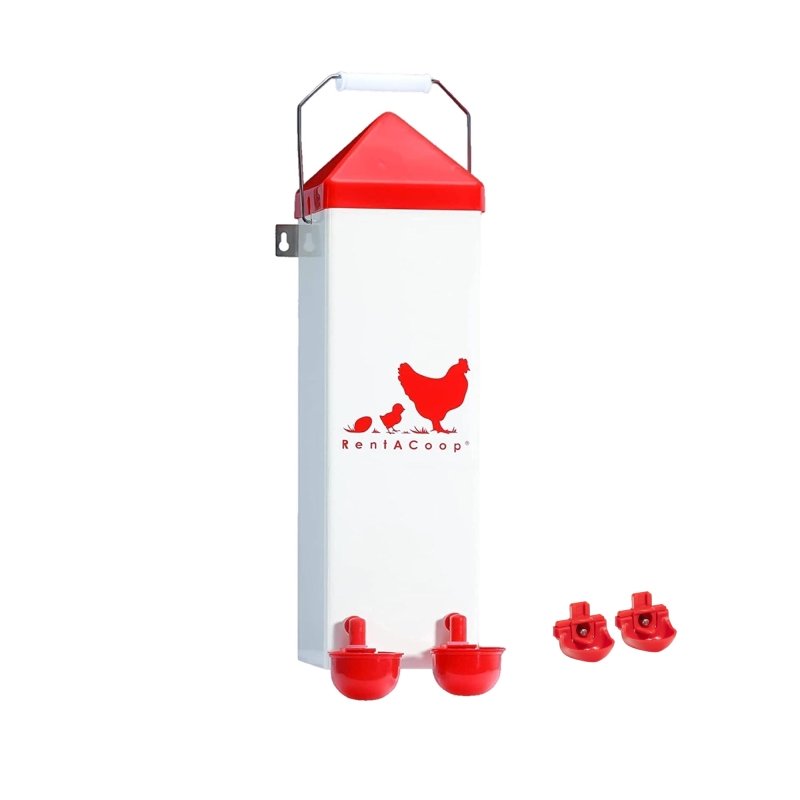 RentACoop 2-gallon highrise chicken waterer with auto-fill cups and horizontal nipples for easy access and clean watering.