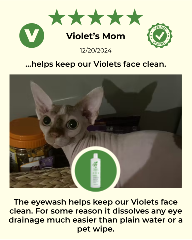 ReNewedPet 4-All Pets Eyewash for pet grooming, gentle eye cleaning solution with violet accents in the packaging.