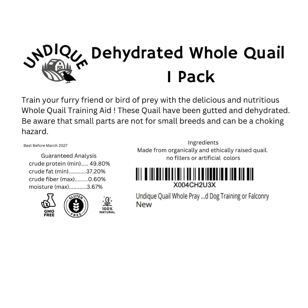 Dehydrated whole quail treat for bird dog training or falconry, natural protein snack by Quailz.com for hunting dogs and raptors.