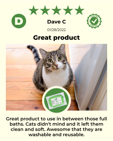 Reusable pet wipes from ReNewedPet designed for gentle grooming and cleaning of all pets, shown in a graphic with wipes and pets.