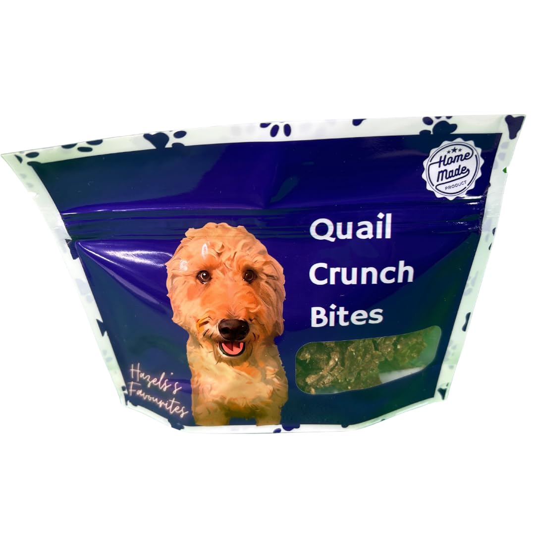 Dehydrated dog treats with quail meat and shells, organic ingredients, crafted by Quailz for healthy, tasty dog training snacks.