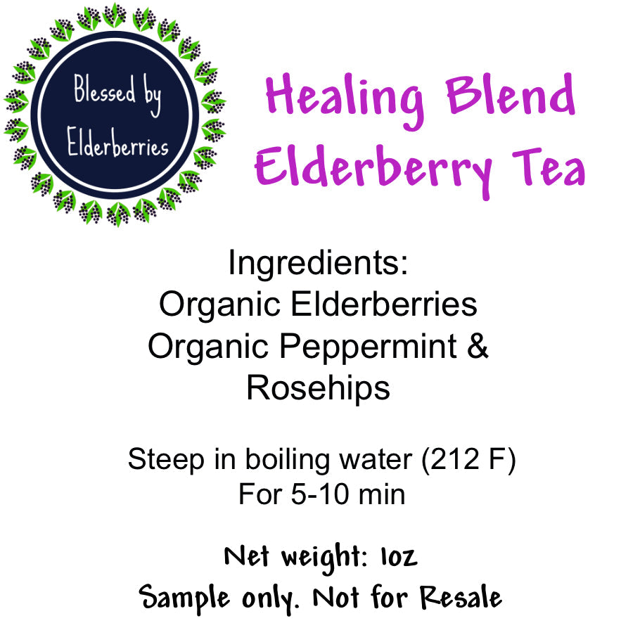 Healing blend Elderberry tea by Blessed by Elderberries, steaming cup with elderberries and herbs in a cozy setting.