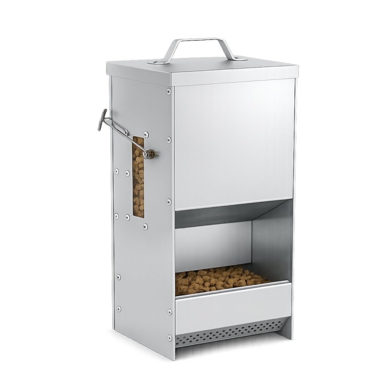 RentACoop RAC Paws 5-pound metal trough feeder for small animals like rabbits, guinea pigs, and ferrets, shown in a clean environment.