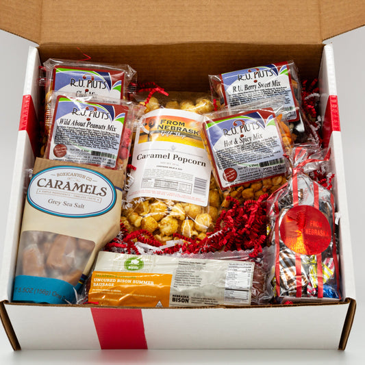 Nebraska Snacks Gift Box from BuyNebraska.com featuring assorted local treats in a decorative gift basket.