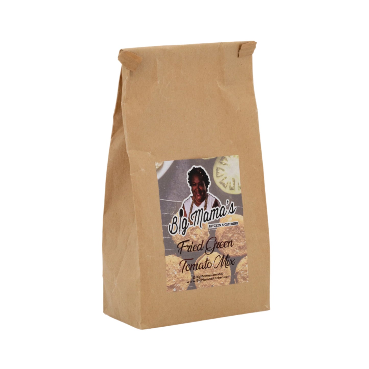 Fried green tomato mix in a 1.3 lb bag by Big Mama's Kitchen & Catering, ideal for Southern-style cooking and snacks.