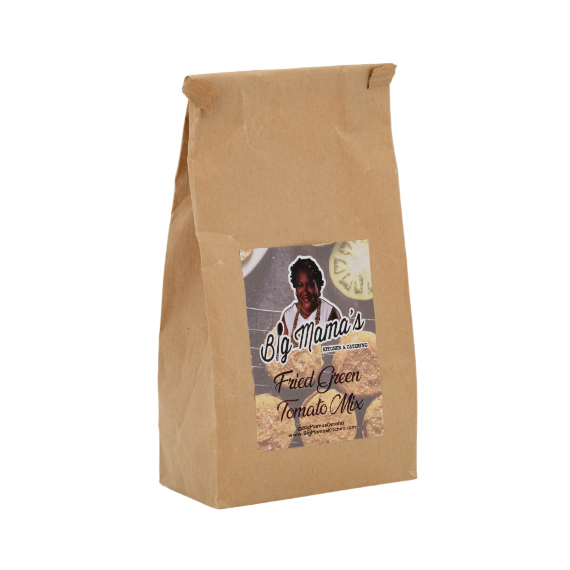 Fried green tomato mix in a 1.3 lb bag by Big Mama's Kitchen & Catering, ideal for Southern-style cooking and snacks.