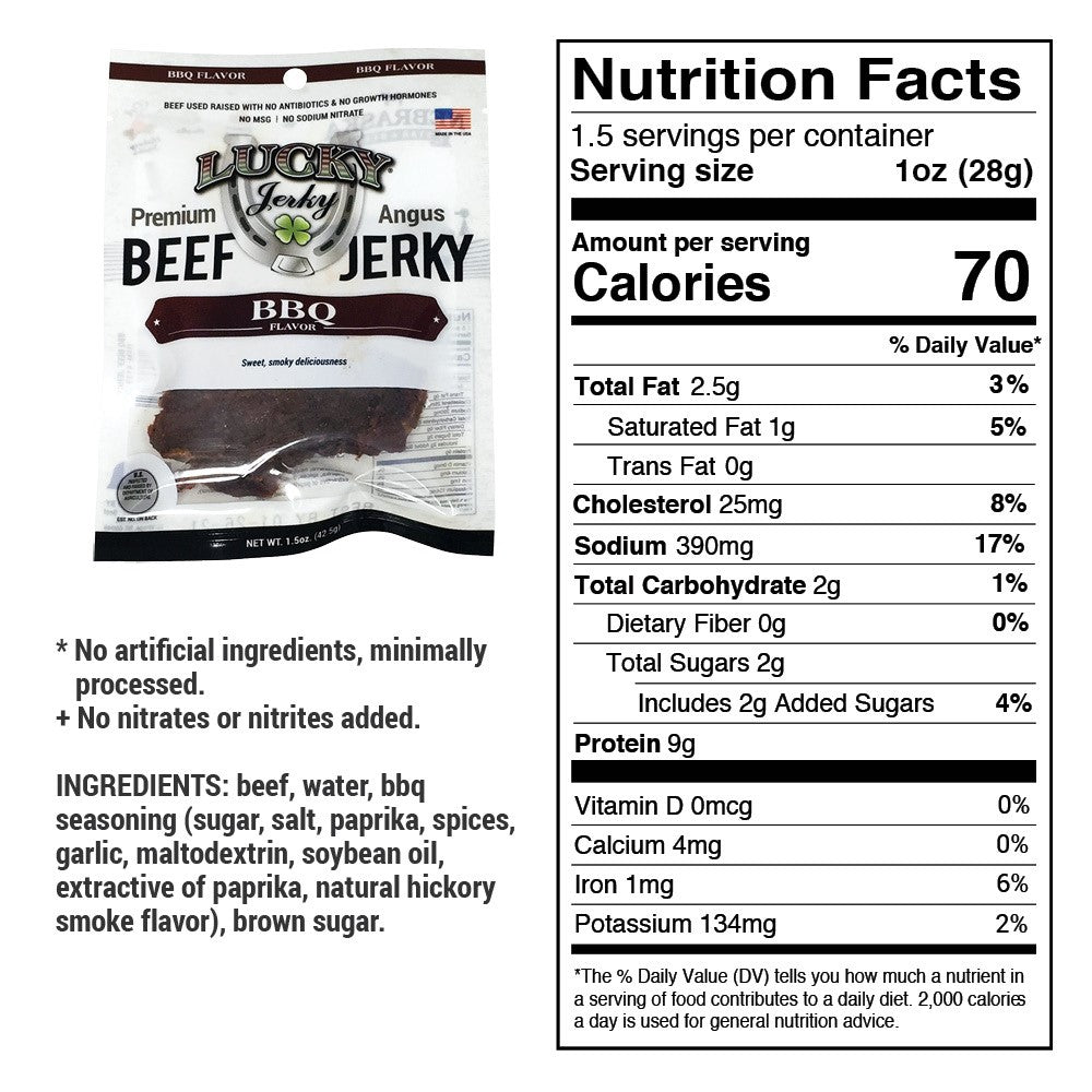 Nebraska Star Beef BBQ beef jerky in 1.5 oz package, showing smoky, flavorful beef jerky slices with BBQ seasoning.