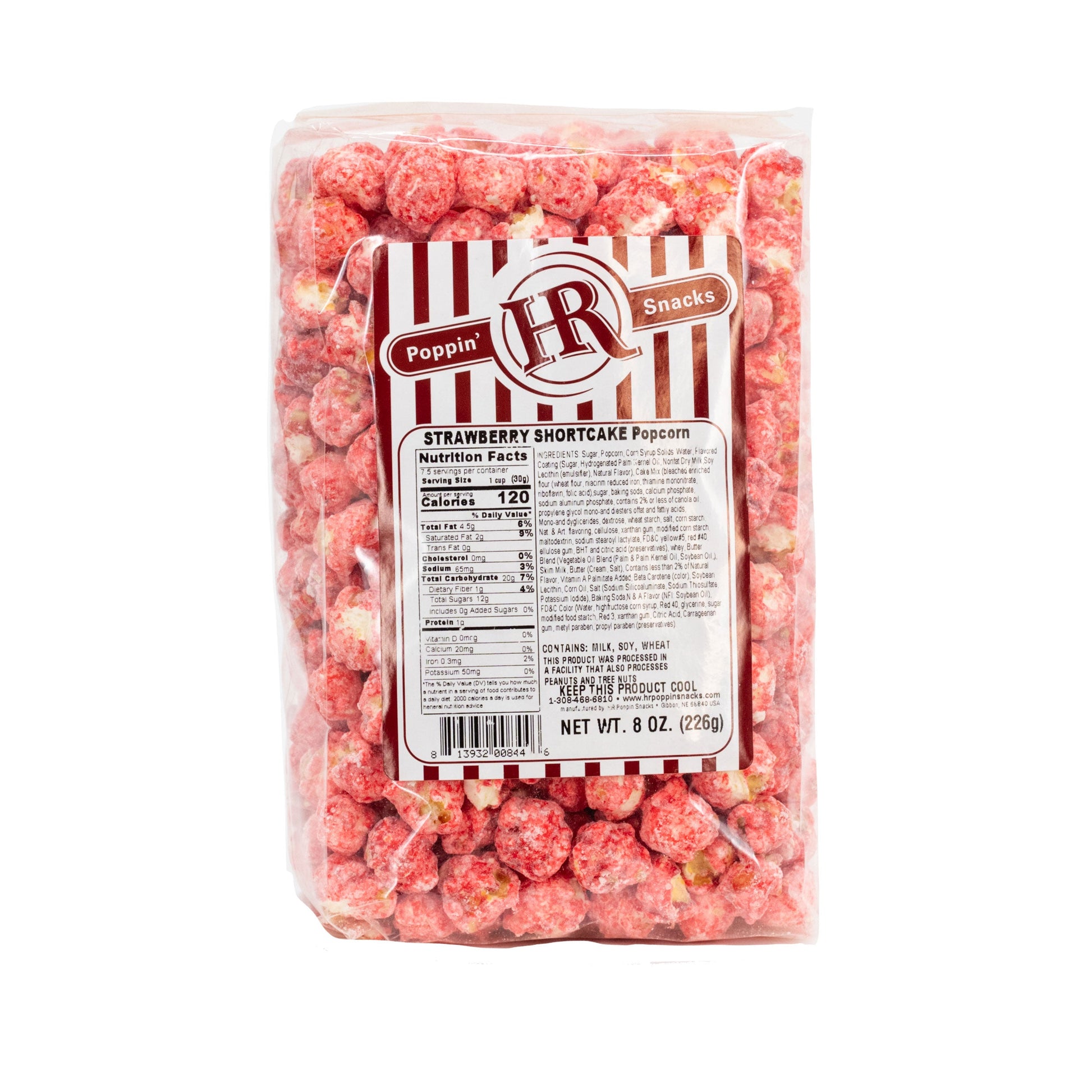 Strawberry Shortcake flavored popcorn in an 8 oz bag from HR Poppin' Snacks, featuring pink and white popcorn pieces.